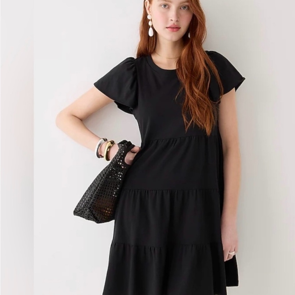 J.Crew Black Tiered Mini Dress L Flutter Sleeve Babydoll NWT